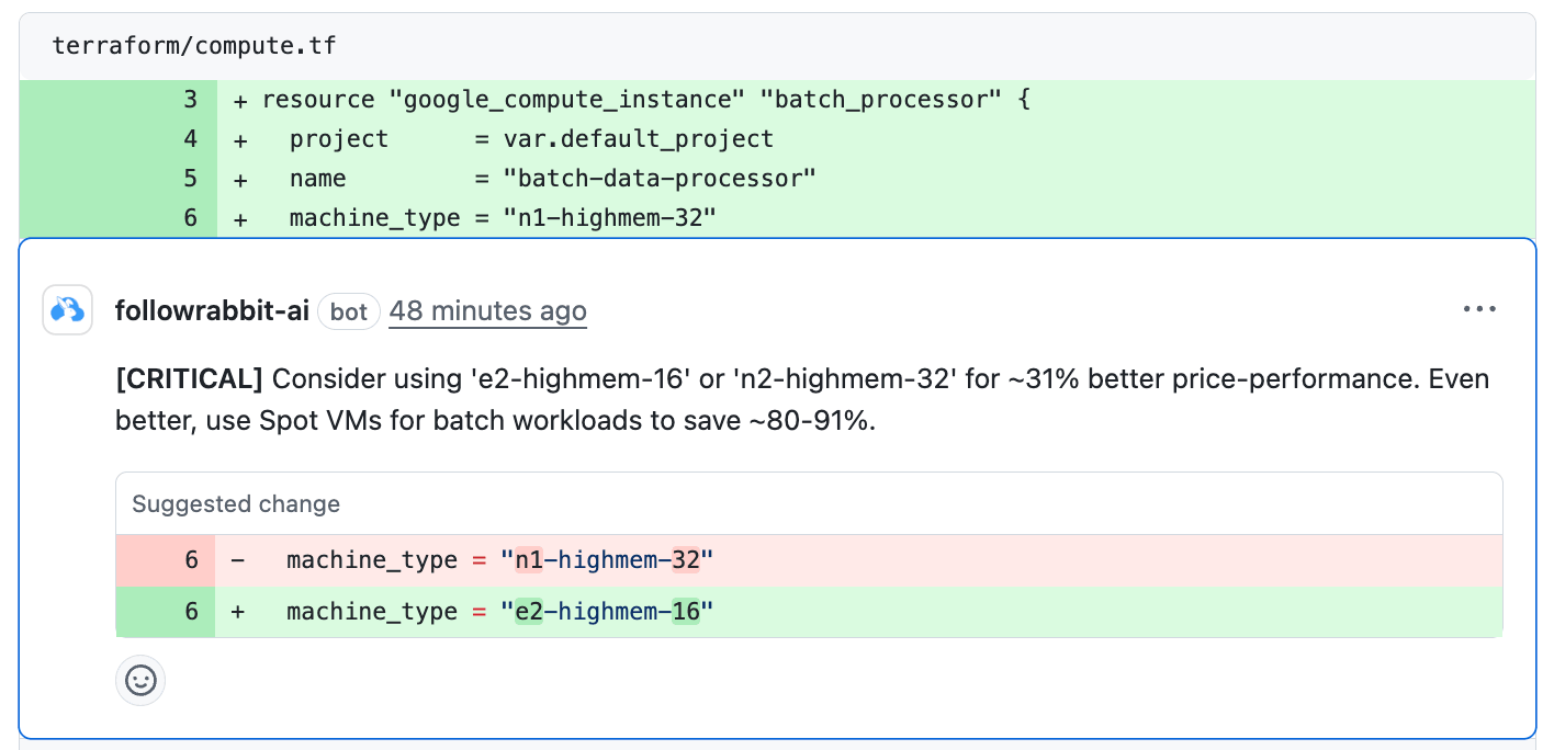 Rabbit Agentic’s cost optimization comments on open PRs to shift cost-awareness left in your workflow