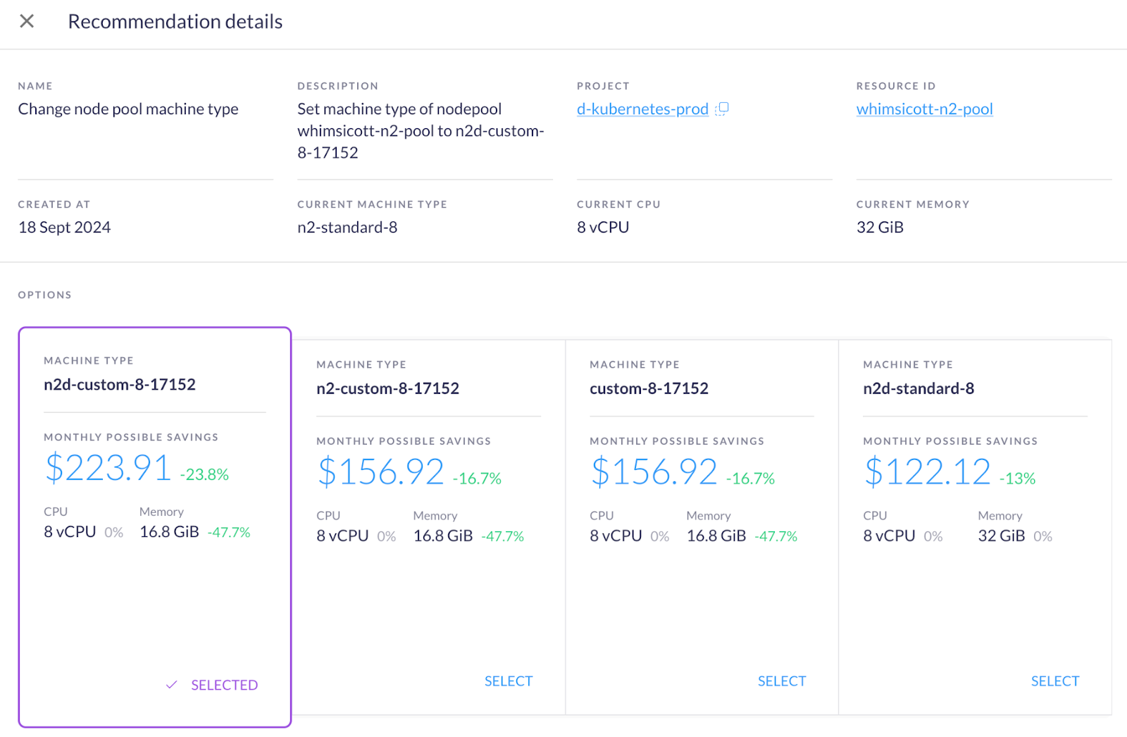 Example recommendation on changing the machine type from N2 to N2D